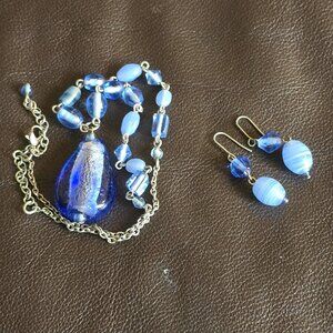 Vintage necklace/earring set:  Ocean blue Murano-style glass pendant